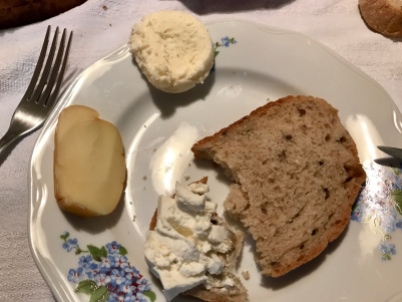 In this instance, the cheeses served included a homemade yogurt cheese and, spread here on a bit of bread, urdă, a cheese made from whey.